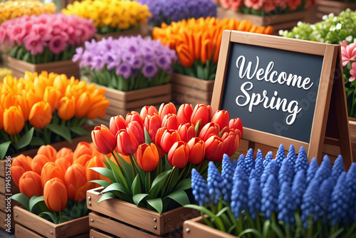 Vibrant floral garden with a stylized urban background in the distance