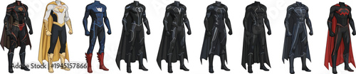 Superhero costume lineup diverse designs colorful outfits with capes emblems vector illustration representing creativity imagination character design and power