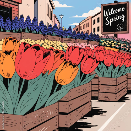 Freshly harvested flowers in a rustic market setting with a vintage sign