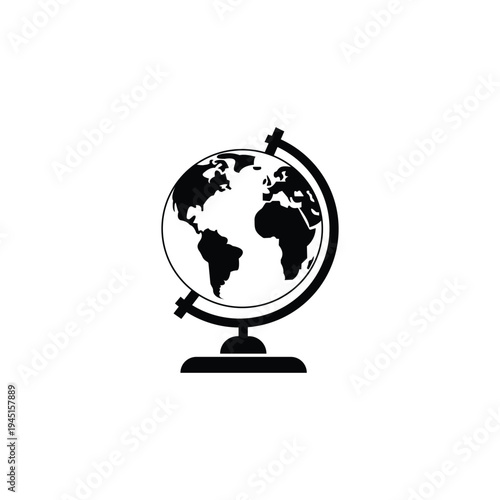 Simple black and white a globe on a stand depicting continents and oceans