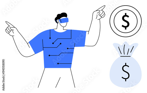Fintech innovation, virtual finance, cryptocurrency, augmented reality, tech economy, digital services. A person wearing a VR headset with circuit lines, dollar coin and a money bag. Fintech