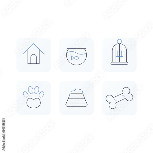 Set of 6 pet icons vector, line style, dog, fish, bird, paw, bowl, bone
