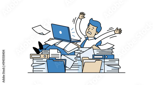 Overwhelmed businessman drowning in paperwork, illustrating stress and disorganization in a chaotic office environment