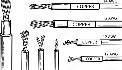 Copper electrical wires in various gauges and insulation types illustrated