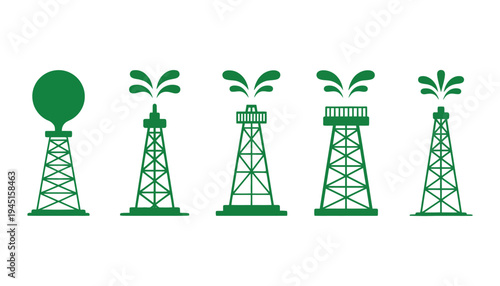 Oil rig icon set with green silhouette illustrations for energy and industry