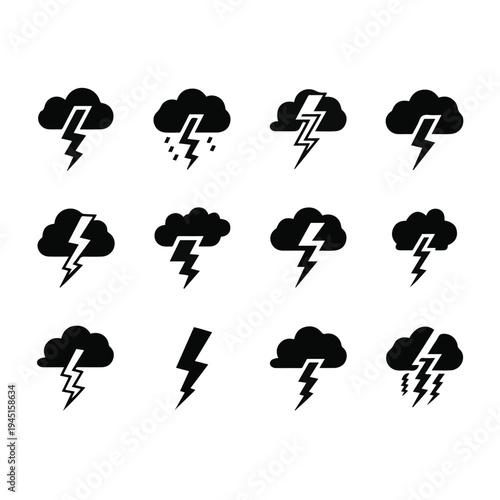 Collection of stormy weather icons with lightning.