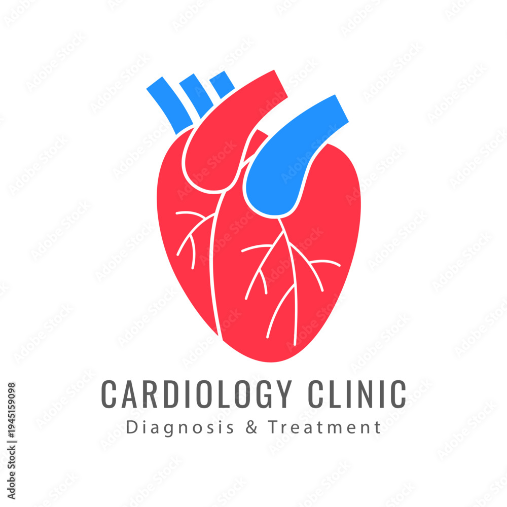 Fototapeta premium Cardiology clinic logo template. Stylized human heart icon used for cardiology centers, heart health monitoring apps, medical data analysis, and healthcare branding. Professional medical clipart.