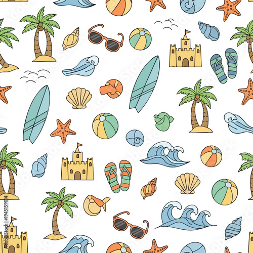 A repeating pattern of colorful beach and ocean themed illustrations on a white background