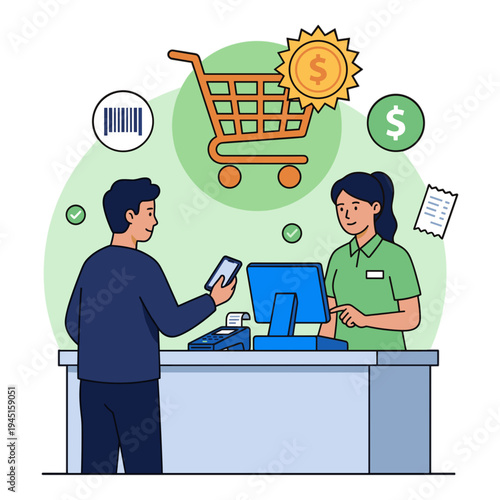 Customer makes payment to cashier at checkout counter with shopping cart