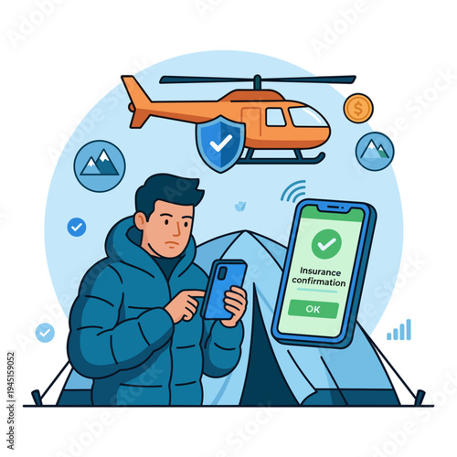 Man checks phone with helicopter flying above insurance information on screen outdoors