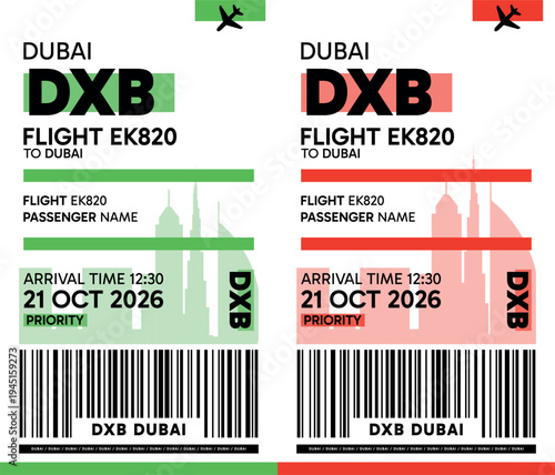 DXB, Dubai, UAE luggage label, boarding pass template. Vector minimalist illustration with airport code, city destination, flight info. Flat, modern image layout