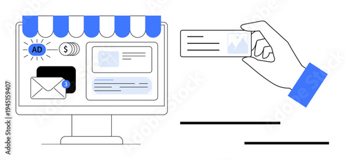 Digital marketing, online advertising, e-commerce, payment systems, business transactions, internet business. Monitor with marketing elements and a hand holding a card. Digital marketing and online