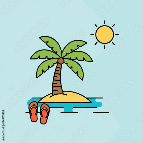 Tropical island with palm tree, sun, and flip-flops on a light blue background