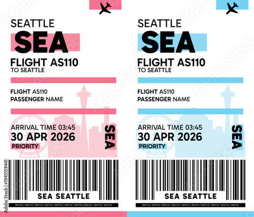 SEA, Seattle, USA luggage label, boarding pass template. Vector minimalist illustration with airport code, city destination, flight info. Flat, modern image layout