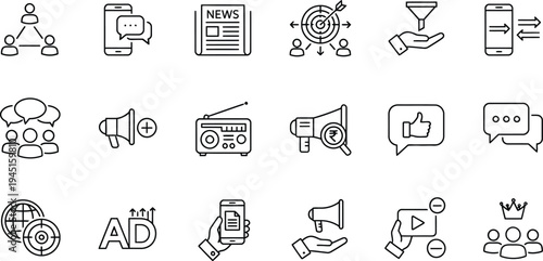 Modern business and communication flat design vector icon set with news, ads, social media, and technology elements vector illustration
