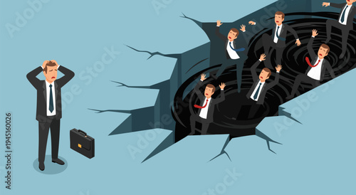 Business vector illustration of a man in a suit looking at a black hole with falling men, representing crisis and downfall in business world