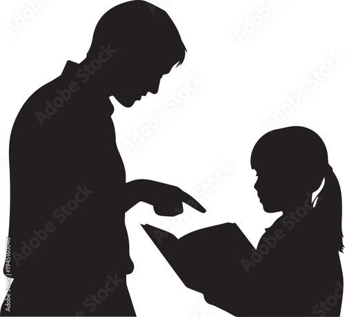 Father teaching daughter to read, vector silhouette illustration of parent and child