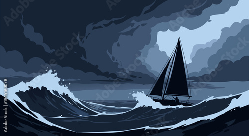A lone sailboat navigating turbulent ocean waves under a dramatic stormy sky, vector illustration