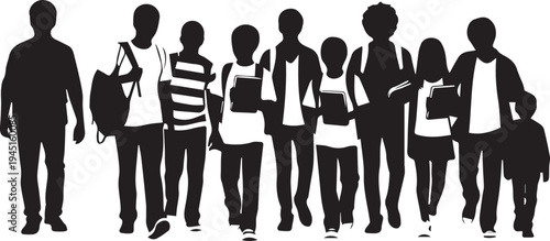 Group of diverse students vector silhouette illustration walking with backpacks and books