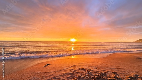 Beach sunset waves. stunning bright colorful sky, seascape. High quality 4k footage