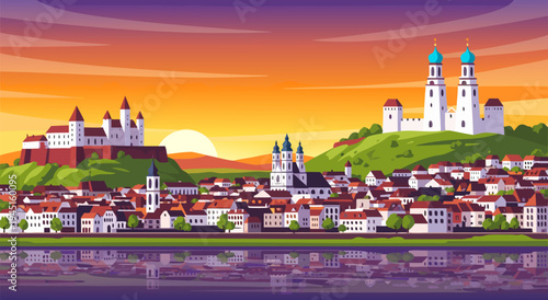 Vector Illustration of an Old European City Skyline on a Hillside Overlooking a River at Sunset