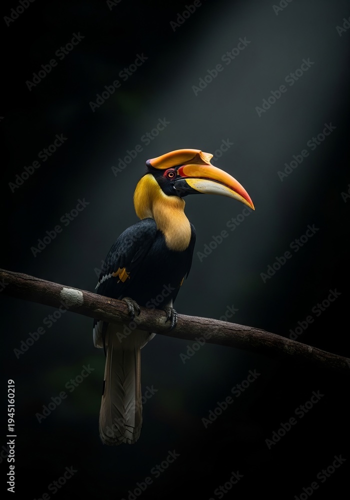 Fototapeta premium A commanding portrait of the Rhinoceros Hornbill, one of Southeast Asia’s most iconic birds. The glowing casque contrasts boldly against the darkness, representing tropical majesty and conservation aw