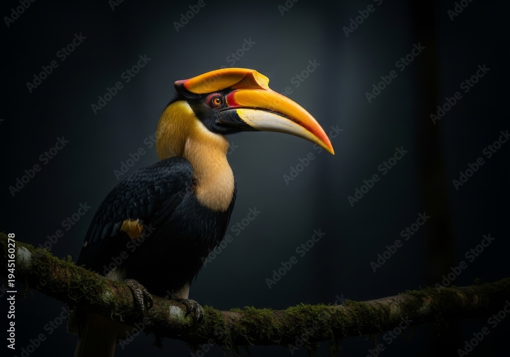 Obraz premium A majestic Rhinoceros Hornbill portrayed in dramatic low light, its iconic casque glowing under a focused spotlight. Set against a nearly black rainforest background, the image radiates authority, rar