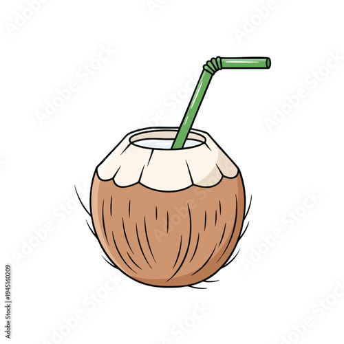 A stylized, halved coconut with a green straw inserted, filled with clear liquid