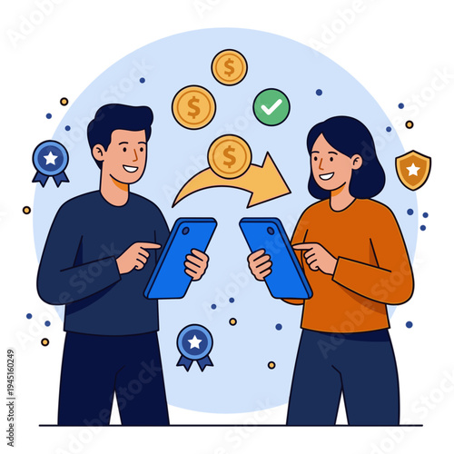 Two people exchanging money through digital tablets with coins and awards