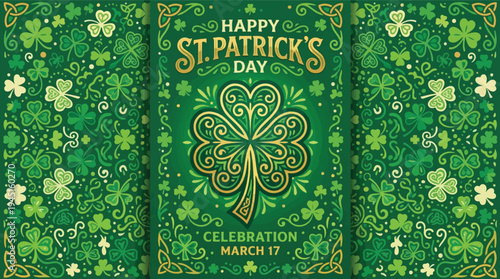 Vibrant St. Patrick's Day vector design featuring an ornate golden shamrock, intricate Celtic patterns, and lush green clover motifs for festive celebrations