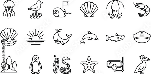 Sea life and summer beach icons set, flat design ocean animals and vacation elements vector illustration