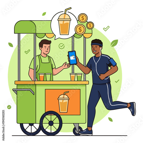 Man buys drink from vendor using mobile payment at outdoor food cart