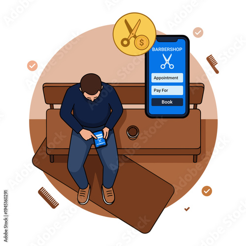 Man books barbershop appointment on phone at home