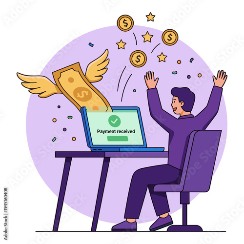 Man sitting at desk with laptop receiving flying money and coins in joyful excitement indoors