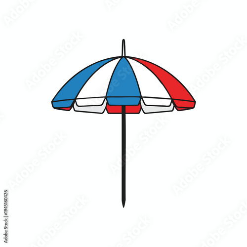 Brightly colored, striped umbrella with a central pole and pointy base