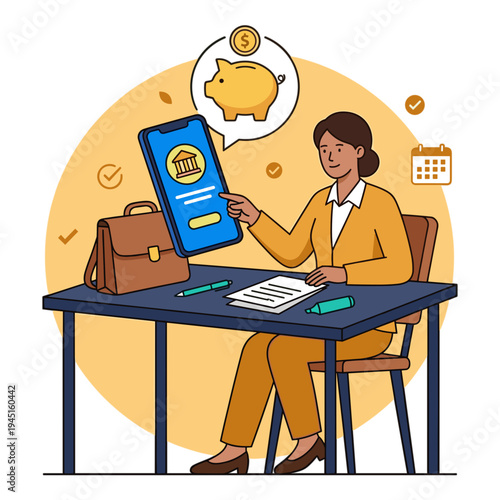 A woman sitting at a desk uses her phone to manage finances with a piggy bank.