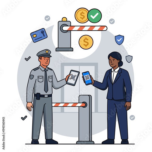 Security guard checks woman's phone at access control barrier gate