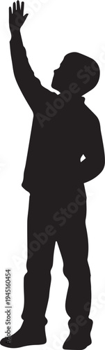 Young boy raising hand to ask question vector silhouette illustration line art