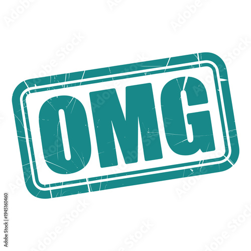 A teal colored stamp with the acronym OMG in bold white lettering