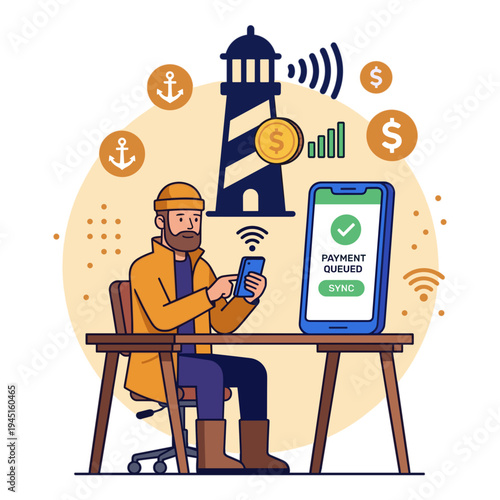 Man sitting at desk with phone and tablet receiving payment orders near lighthouse