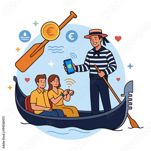 Couple on romantic gondola ride with gondolier using phone
