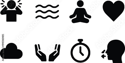 Emotion and daily life activities flat design vector illustration set with icons for stress, meditation, love, sleep, teamwork, time, and thinking