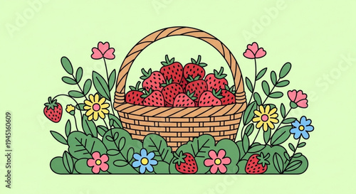 Fresh strawberries in a wicker basket surrounded by colorful flowers on green background