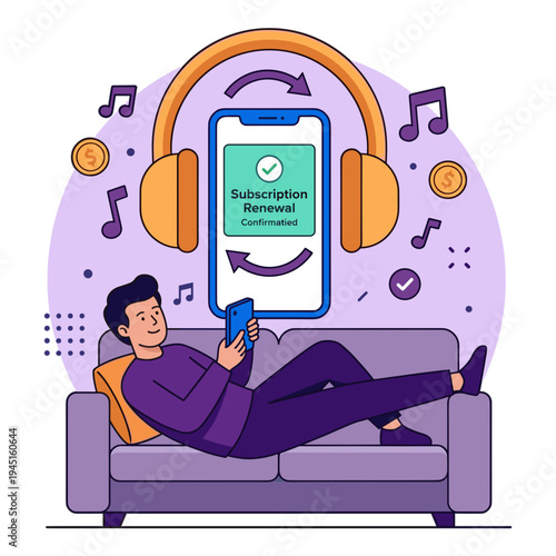 Man relaxing on couch listening to music on headphones with phone