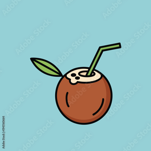 Stylized brown coconut with green leaves and straw on blue background