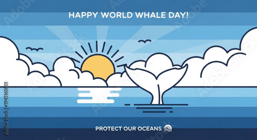 Whale tail in ocean with sunset and clouds world whale day protect our oceans