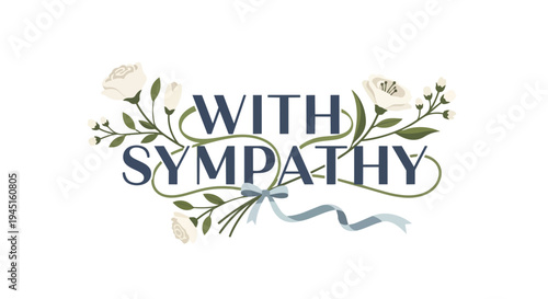 Elegant floral illustration conveying deep sympathy and heartfelt solace, adorned with white blossoms and a blue ribbon, offering comfort and support.