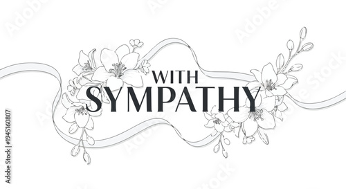 Elegant floral 'With Sympathy' inscription, monochrome design conveying profound condolences and respectful remembrance for solemn occasions.