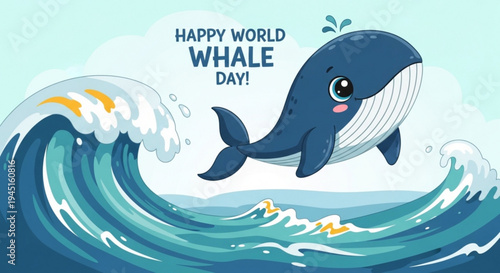 Cartoon whale jumping out of ocean wave on world whale day with happy text