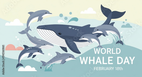 Whales and dolphins swim ocean waves world whale day february 18th marine life conservation